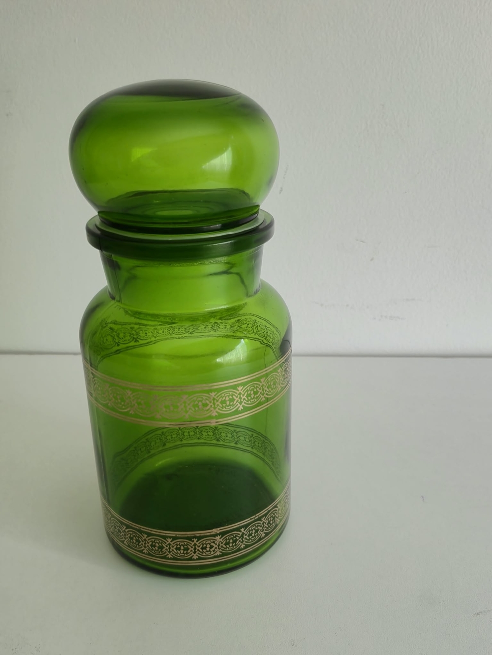Vintage Emerald Green Glass Apothecary Jar with Gold Filigree (Made in Belgium)
